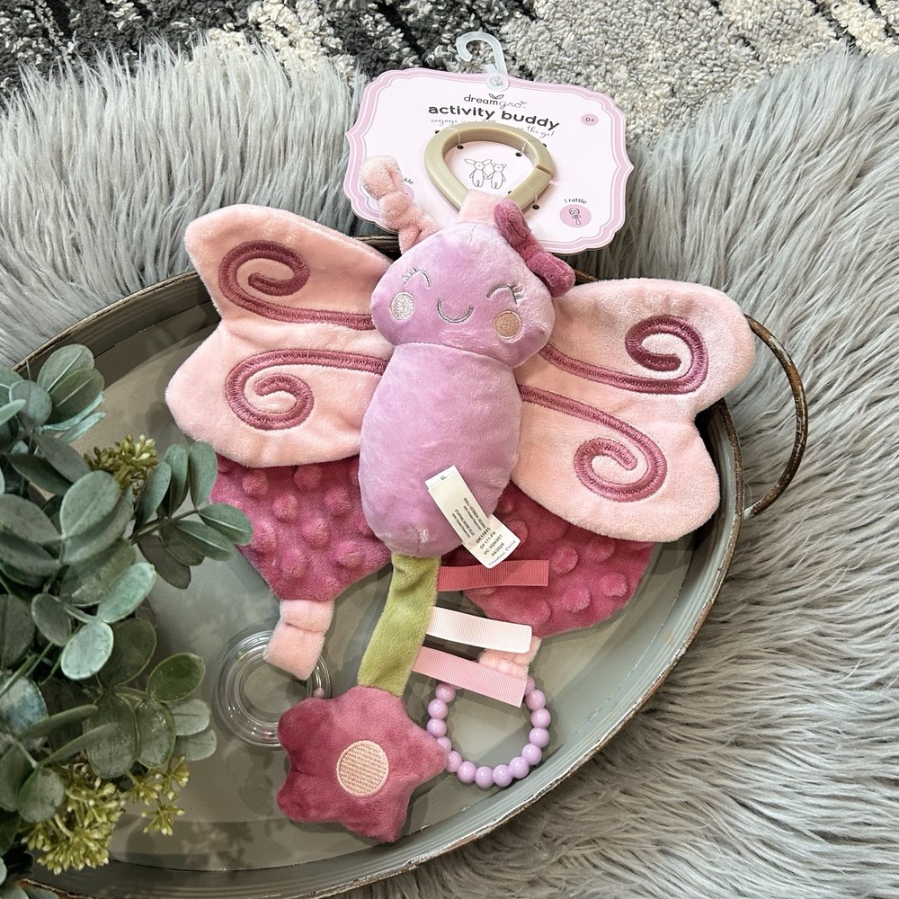 Dreamgro Pink Purple Butterfly Activity Stroller Toy Lovey Plush Rattle Crinkle